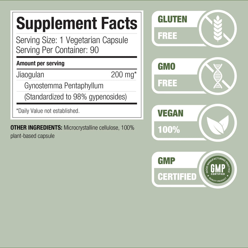Jiaogulan Extract Supplement, Highest Strength, 98 Percent Gypenosides, Natural AMPK Activator, Non GMO, Gluten Free, 90 Gynostemma Pentaphyllum Capsules, Vegan