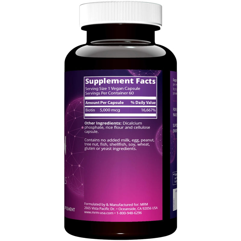 MRM Nutrition Biotin Capsules - for Womem & Men, 5000 mcg - 60 Servings | Supports Hair Growth, Healthy Skin & Nails, Vegan B7 Supplement for Cellular Energy, Keratin Strength & Nutrient Metabolism