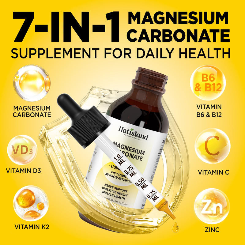 Magnesium Carbonate 500mg Liquid Drops, High Absorption Supplement with Vitamin C, D3, K2, B6, B12, Zinc for Digestive System Health, Nerve & Muscle Function, Vegan, Non-GMO, Lemon Flavor, 2 FL OZ