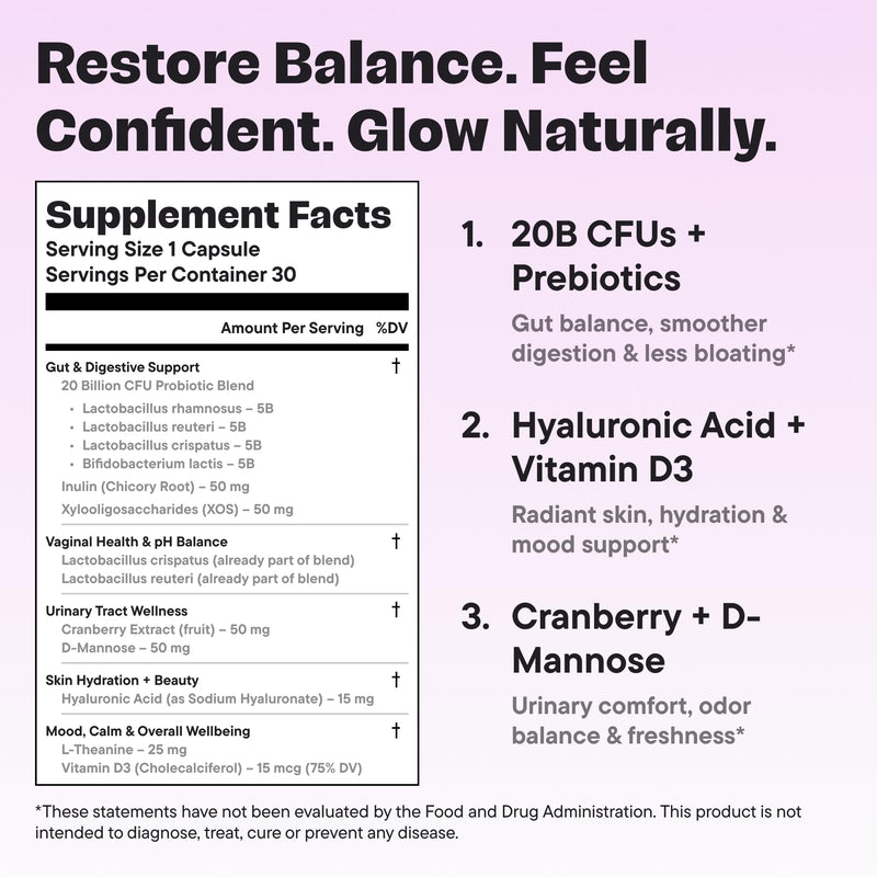 Women’s Probiotic 20 Billion CFU – 5-in-1 Daily Support for Digestive, Vaginal & Urinary Health – with Cranberry, D-Mannose, Prebiotics & Hyaluronic Acid – 30 Capsules