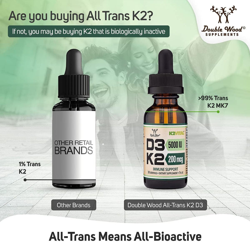 Vitamin D3 K2 5,000 IU Liquid Drops (5,000 IU of D3 and 200mcg of 99.9% All-Trans Patented K2 MK-7 (K2Vital)) Max Absorption Liquid Vitamin D Drops (30 Servings) by Double Wood (Pack of 2) 1 Fl Oz (Pack of 2)