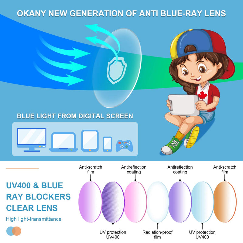 Okany Blue Light Glasses for Kids 3 Pack Anti Glare & Eye Strain Glasses Computer TV Phone Tablets UV Protection Glasses for Kids Boys Girls Age 3-12(Black + Transparent blue + Transparent) 3 Packs Black & Transparent Blue & Transparent - BeesActive Australia