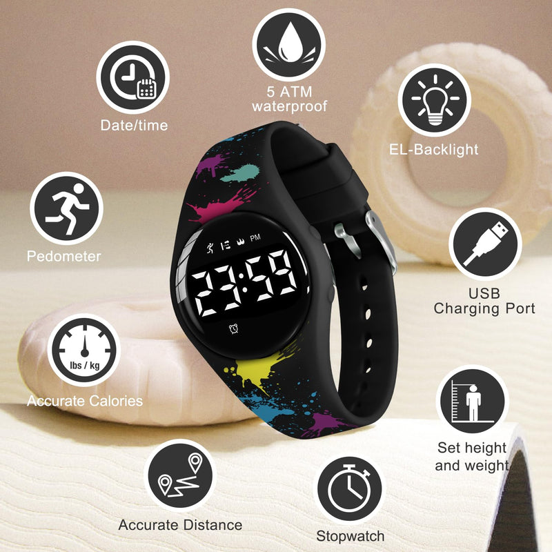Kids Watches for Girls Boys Digital Sport Watch with Step Counter Pedometer Vibration Alarm Clock, No App Waterproof Fitness Tracker Kids Watch Boys Girls Teens Students Ages 5-16 110-F-Craffiti