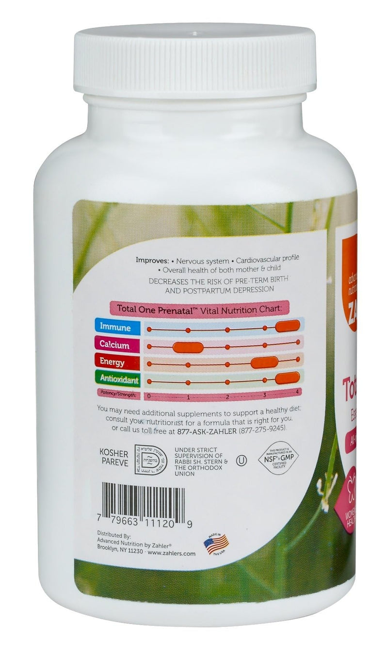 Zahler - Total One Prenatal Vitamins for Women (90 Count) Daily Multi Vitamin Prenatals with Folic Acid, Iron, Zinc & 19 Other Essential Vitamins & Minerals - Kosher Pre Natal Multivitamin Capsules 90 Count (Pack of 1)