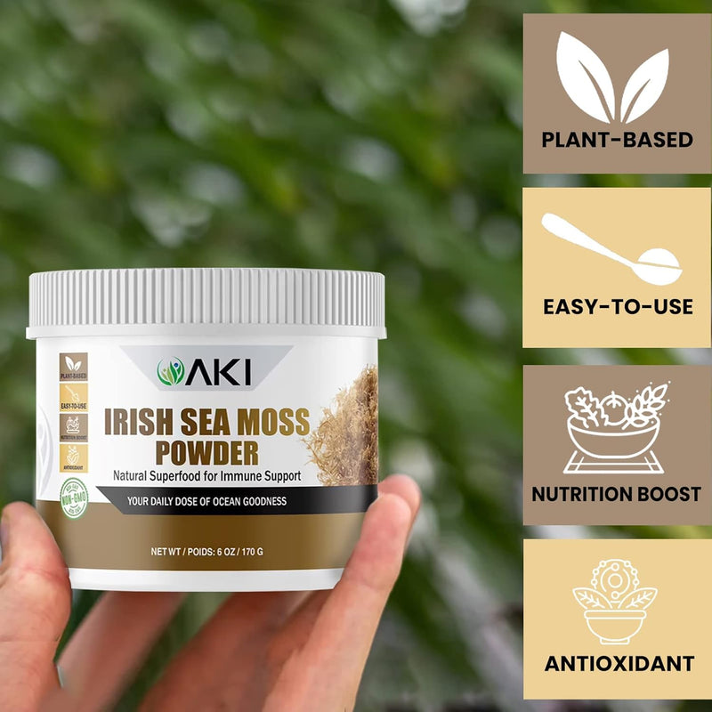 AKI Irish Sea Moss Powder - Rich in 92 Essential Minerals & Vitamins, Including Iodine, Potassium & Magnesium - Ideal for Smoothies & Juices - 100% Vegan, Non-GMO & Supports Wellness (6 Oz/170g)