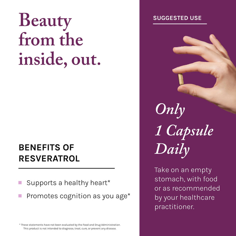 Reserveage Beauty, Resveratrol 100 mg, Antioxidant Supplement for Heart and Cellular Health, Supports Healthy Aging and Immune System, Paleo, Keto, 60 Capsules (60 Servings) 60 Count (Pack of 1)