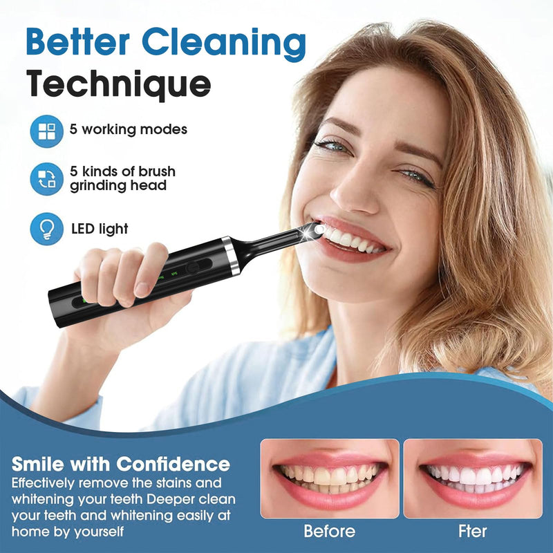 Plaque for Teeth Whitening Tools Electric Tartar Polishing Cleaning Kit with LED Light 5 Speed Modes with 5 Replacement Brush Heads (Black) - BeesActive Australia