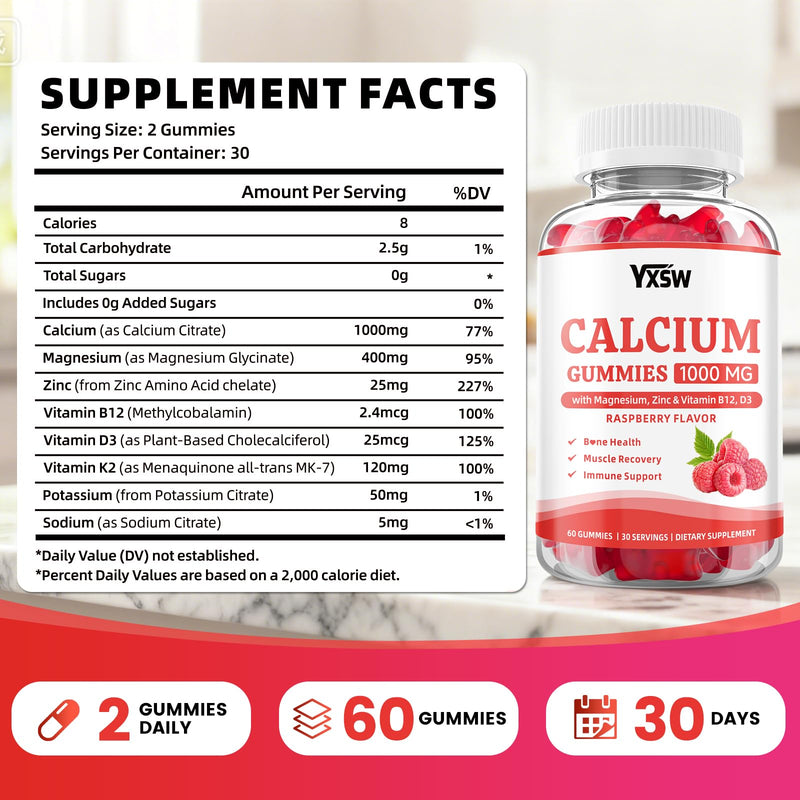 Calcium Gummies 1000mg with Vitamin D3 K2 & B12 Complex, High Absorption Potassium, Calcium Magnesium Zinc Supplement for Bone, Muscle, Mood and Immunity Support, Raspberry Flavor, 60 Count 60 Count (Pack of 1)
