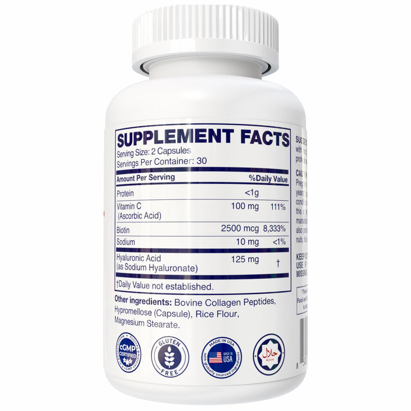 Collagen + Biotin + Vitamin C with Hyaluronic Acid, Supports Skin, Hair & Nail Health, Gluten-Free, Halal, Made in USA, 60 Vegan Capsules
