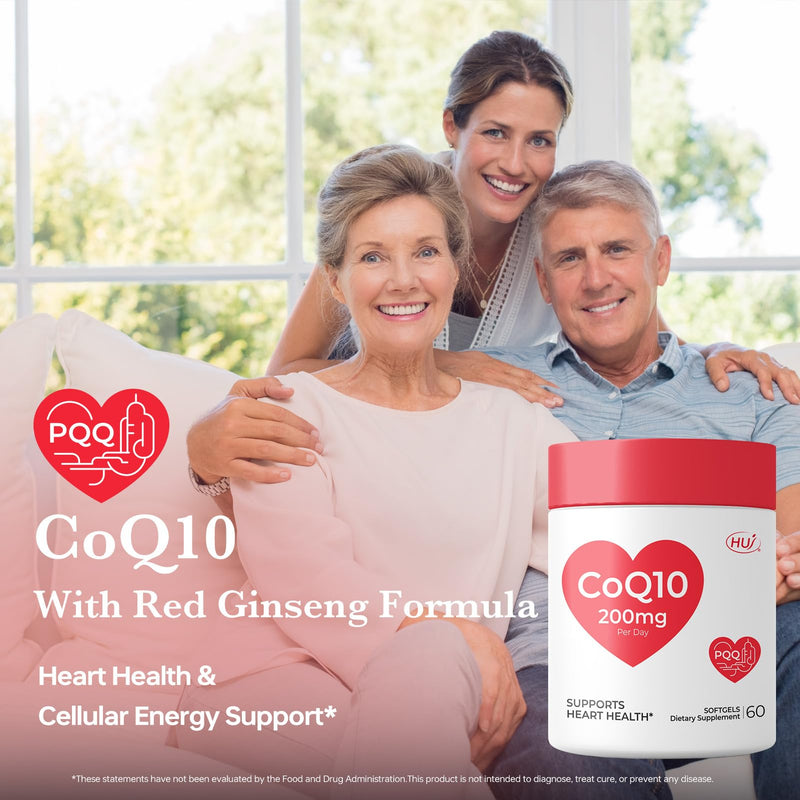 HUJ CoQ10 with Red Ginseng Formula - Heart Health & Energy Production Support with Coenzyme Q10, Red Ginseng Extract, Vitamin E & PQQ - 60 Softgels