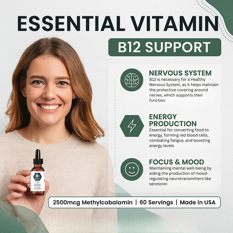 Pure Vitamin B12 Liquid Drops, 2500mcg Methylcobalamin, 30ml | Supports Energy, Nerve Support & Metabolic Health, for Women & Men, Non-GMO & Gluten-Free, USA Made