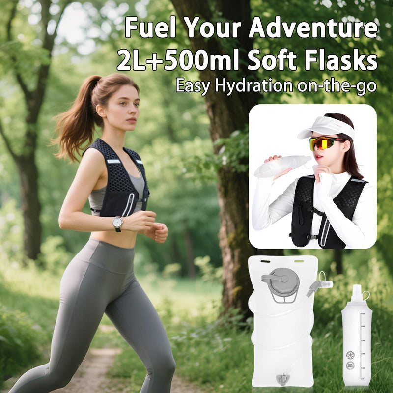 Unisex Running Vest Running Backpack - Adjustable Size Lightweight Trail Hydration Vest with 2L Bladder & 500ml Soft Flask, Mesh, Large Phone Pocket for Night Walking, Marathon(Reflective Strips)