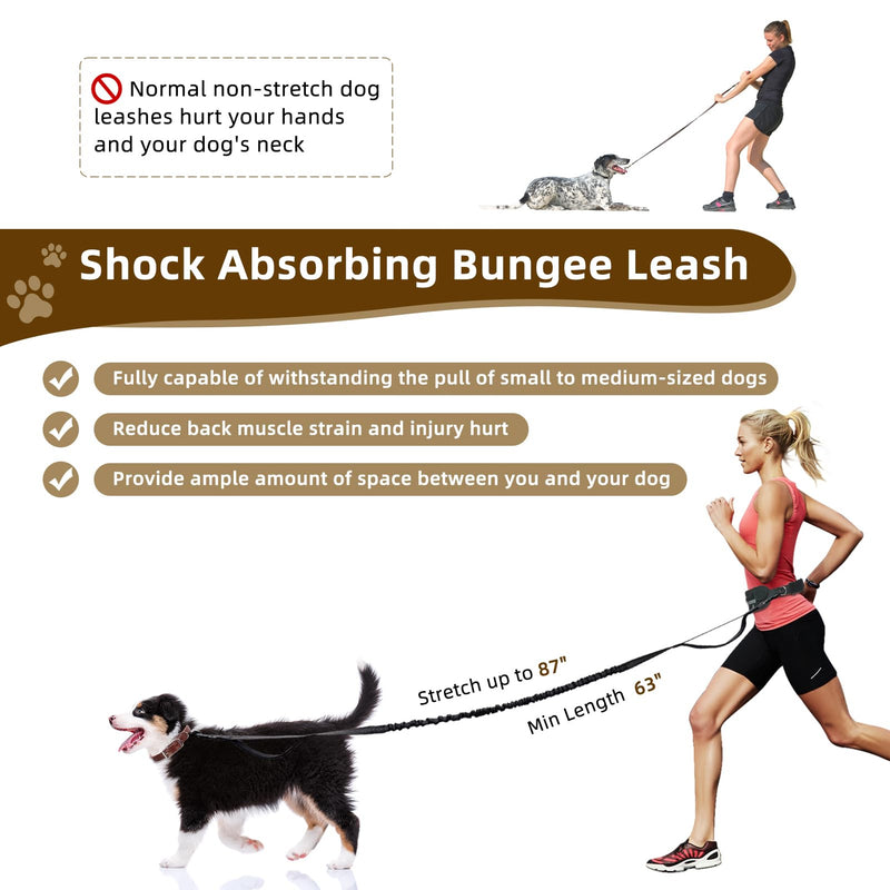 Hands Free Dog Leash with Zipper Pouch, Dual Padded Handle Dog Waist Belt, Retractable Bungee Leash with Reflective Stictches for Small & Medium Dog Running Walking Jogging Training, Black - BeesActive Australia