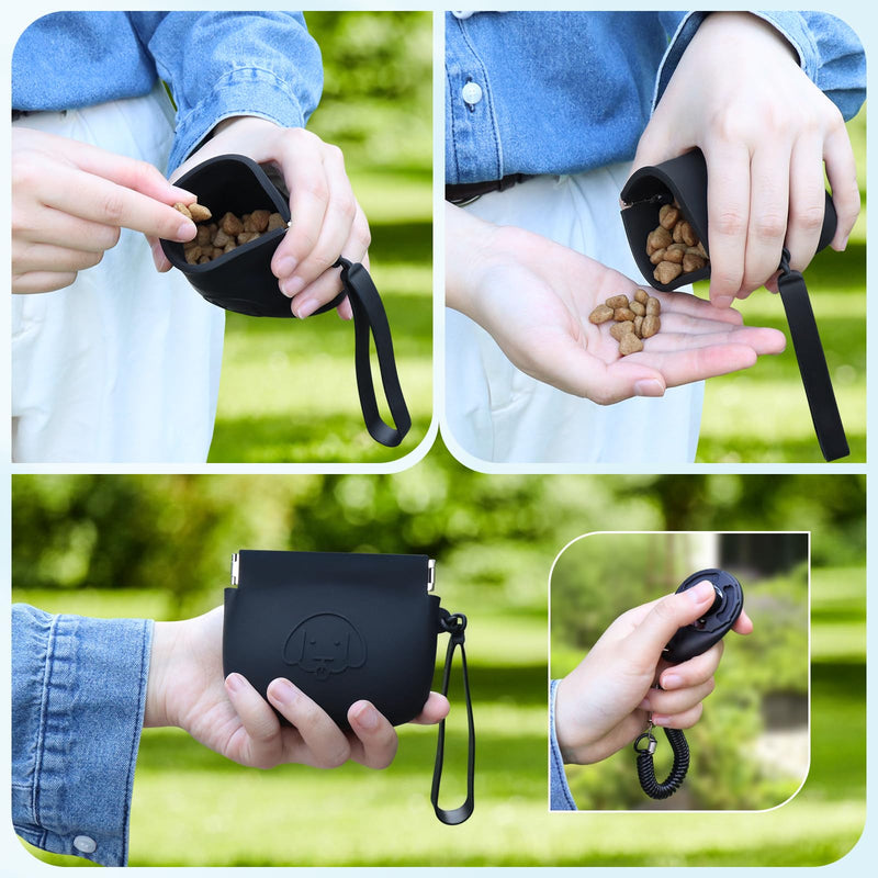 WALLFID Silicone Dog Treat Pouch Small Bag,Auto Closure,with Pet Training Clicker,Walking Bag for Dog and Cat,Pocket Size,Easy to Clean,Odorless,Travel Walking Bag (Black) black - BeesActive Australia