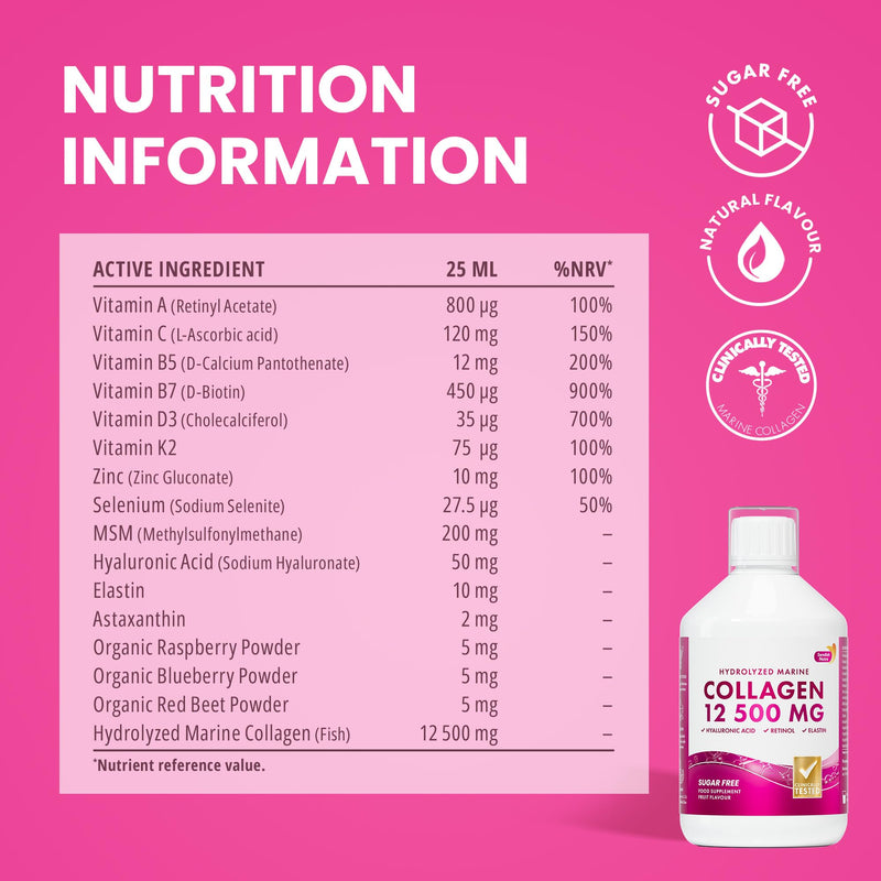Swedish Nutra Marine Collagen 12,500 mg Liquid, 500 ml, 20 Day | 12,500mg Type 1 & 3 marine collagen with hyaluronic acid, biotin & vitamins for hair, skin, nails & joints; sugar free SN Marine Collagen 12 500 mg Sugar Free 500ml