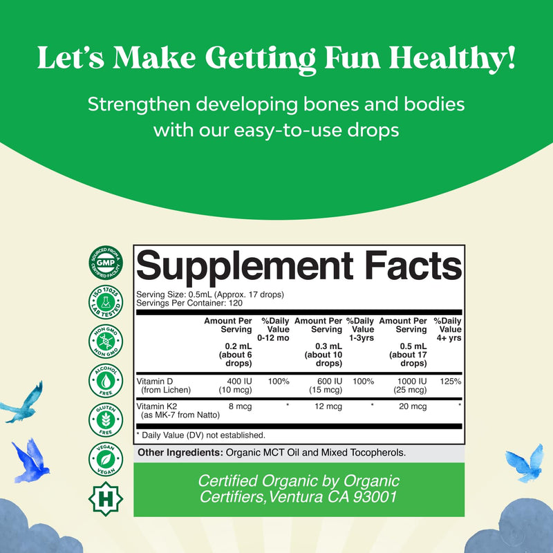 Vitamin D3 K2 Drops - Healthy Bone & Immune Support - Non GMO, Vegan -2FlOz | Vitamin D3 K2 1000iu Per Serving - Healthy Growth and Muscle Support - Infants, Babies and Toddlers - 120 Servings -Pack of 1 Kids 2 Fl Oz (Pack of 1)