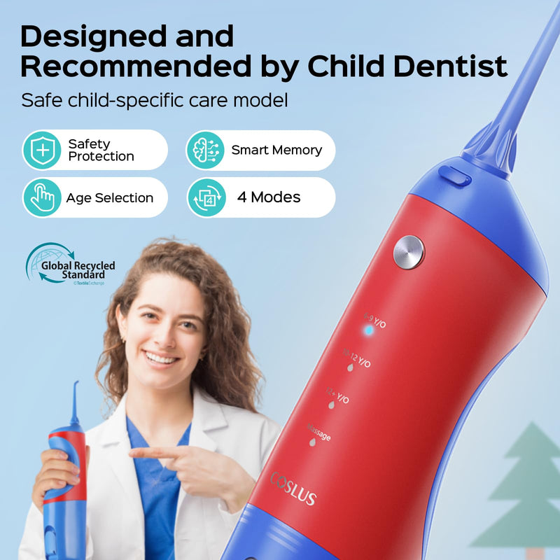 COSLUS C31 Kids Water Dental Flosser Deep Cleaning Picks Portable 4 Modes for Ages 6+ Safe Waterproof Rechargeable with 2 Jet Tips for Gums Care Red Blue