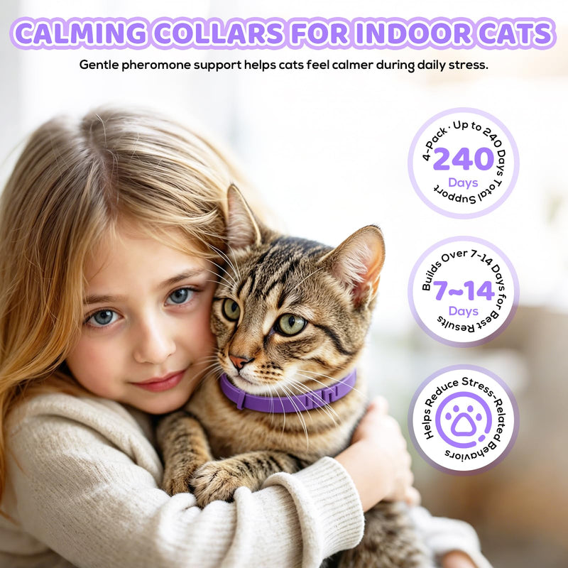 Calming Collar for Cats, 4 Pack Cat Pheromone Collar, 60-Day Each, 240 Days Total, Adjustable 15 Inch Cat Calming Collars for Indoor Cats, Water Resistant, Purple