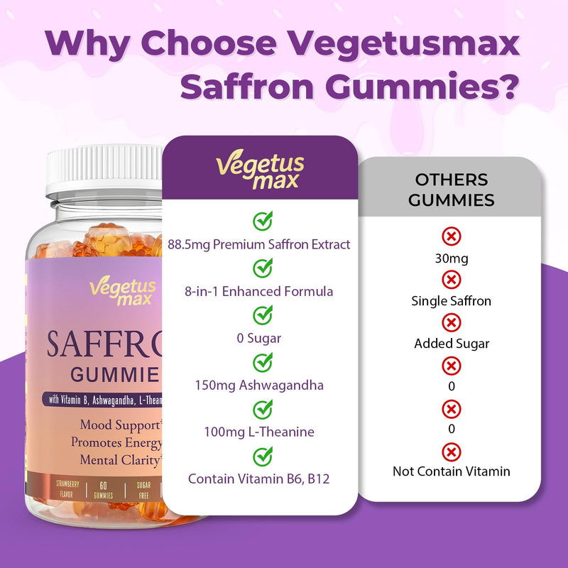 Saffron Supplements Gummies for Adults Kids, 88.5mg Saffron Extract, 2 Pack | Saffron Extract with Magnesium, Ashwagandha, L-Theanine, Rhodiola, Rosemary, B6, B12 for Happy Mood, Calm, Focus, Cognition Strawberry 60 Count (Pack of 2)
