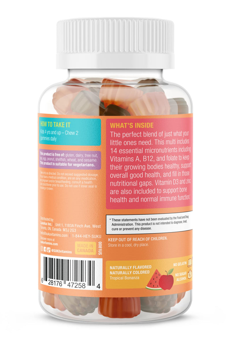 SUKU The Complete Kids Multivitamin Gummies – Vitamins A, C, D, E, B6, B12, Folate & Zinc – Immune Support, Sugar-Free, Gluten-Free, Non-GMO, Tropical Bonanza Flavor – 60 Count