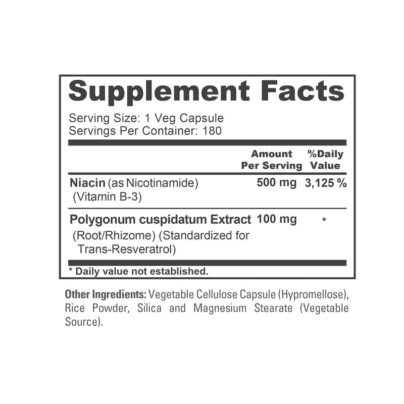 Nicotinamide & Vitamin B-3, Non-GMO, Vegan, 500mg, 180 Caps - 180 Servings | Niacin & Trans Resveratrol, Dietary Supplement Formula, Suitable for Adults, Manufactured in a cGMP Registered Facility USA