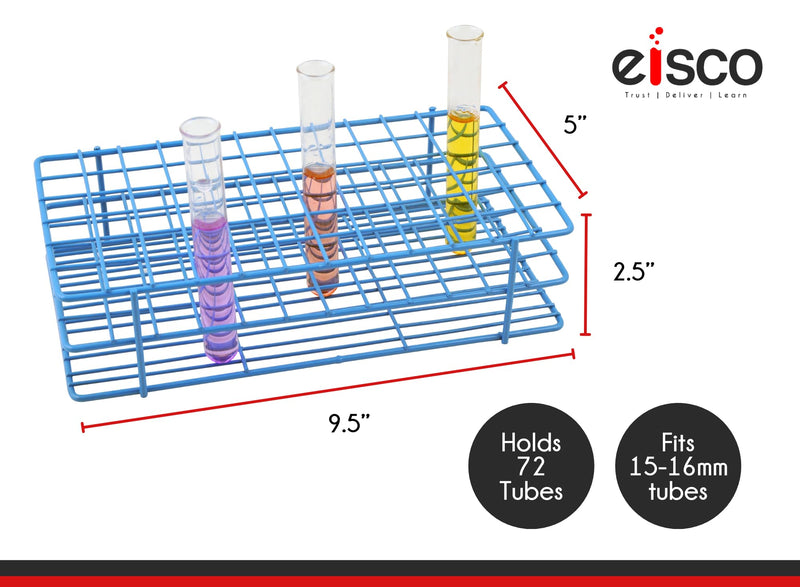 Eisco - Test Tube Rack, Blue Epoxy Coated Steel Wire, Holds 72 Tubes (15-16mm), Chemical & Corrosion Resistant, 6x12 Format, Laboratory Tube Holder