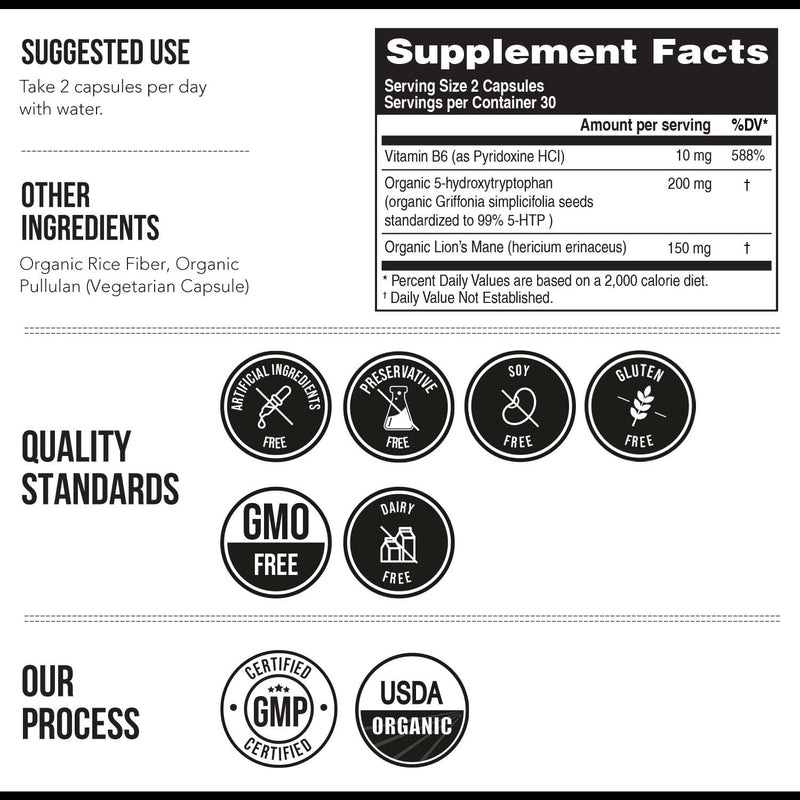 Organic 5-HTP - 200 mg | 99% 5HTP Concentration, Plus Cofactor Vitamin B6 & Lion’s Mane | Water Extracted from Organic Griffonia Seeds | Supports Mood, Cognition & Sleep (60 Capsules | 30 Servings) 60 Count (Pack of 1)
