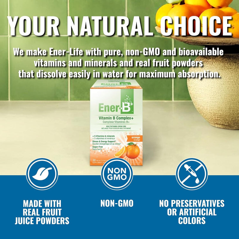 Ener-B+ Sugar Free Multivitamin Drink Mix, Vitamin B - Orange, 30 Count | Instant Vitamin Packets, Electrolyte Powder Sticks, Hydration Booster, Supplement Liquid for Men and Women 5.75 Ounce (Pack of 1)