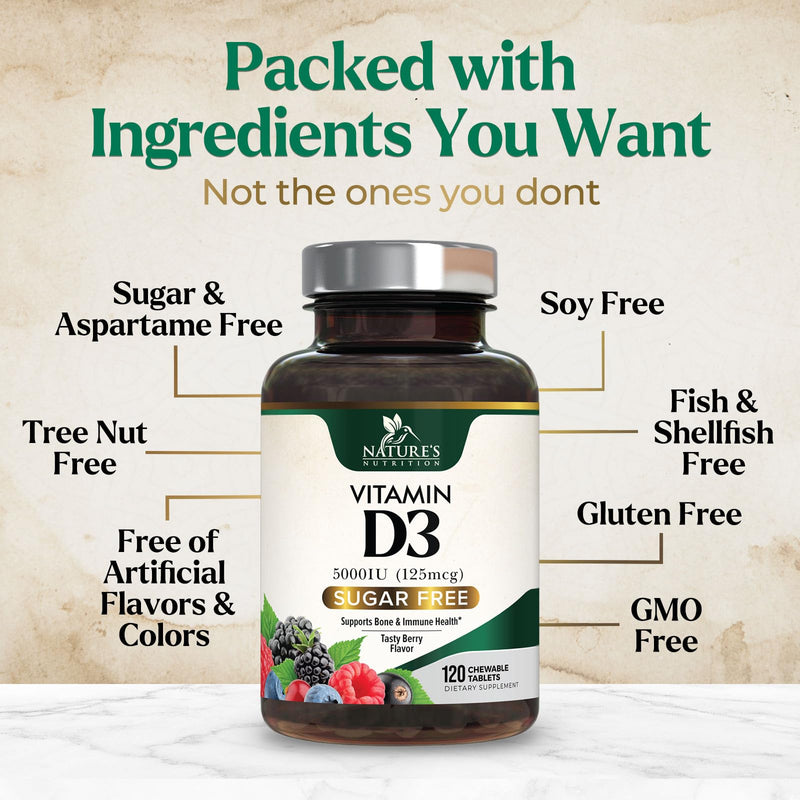 Vitamin D3 5000 IU (125 mcg) Per Serving - Extra Strength Vitamin D Chewable for Immune Support Health - Bone, Teeth and Muscle Supplements - Sugar Free, Gluten Free, USA Bottled - 120 Count Tablets 120 Count (Pack of 1)