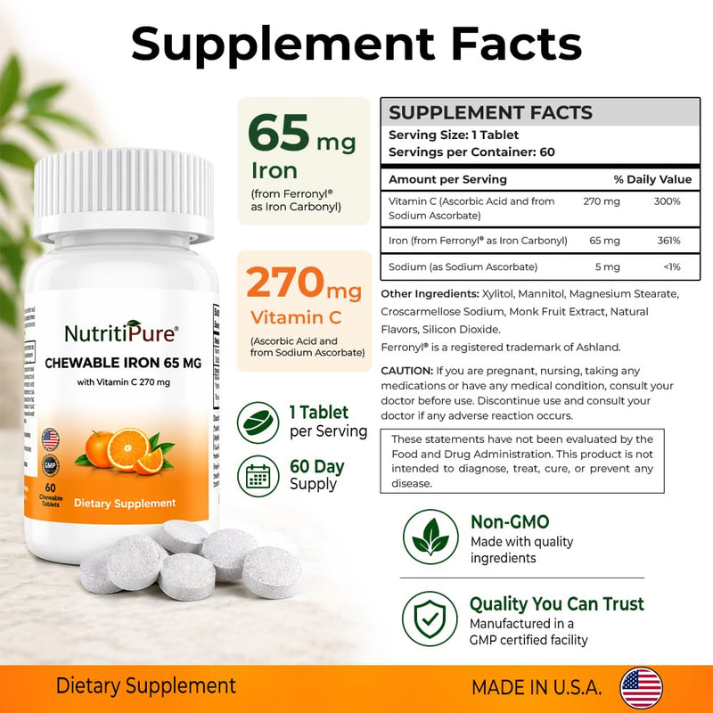 Chewable Iron 65 mg with Vitamin C, Sugar-Free – NutritiPure, 2-Pack 120ct | Bariatric-Friendly, 65mg Ferronyl Carbonyl Iron, 270mg Vitamin C, Orange Flavor, Non-GMO, GMP Certified, 120-Day Supply