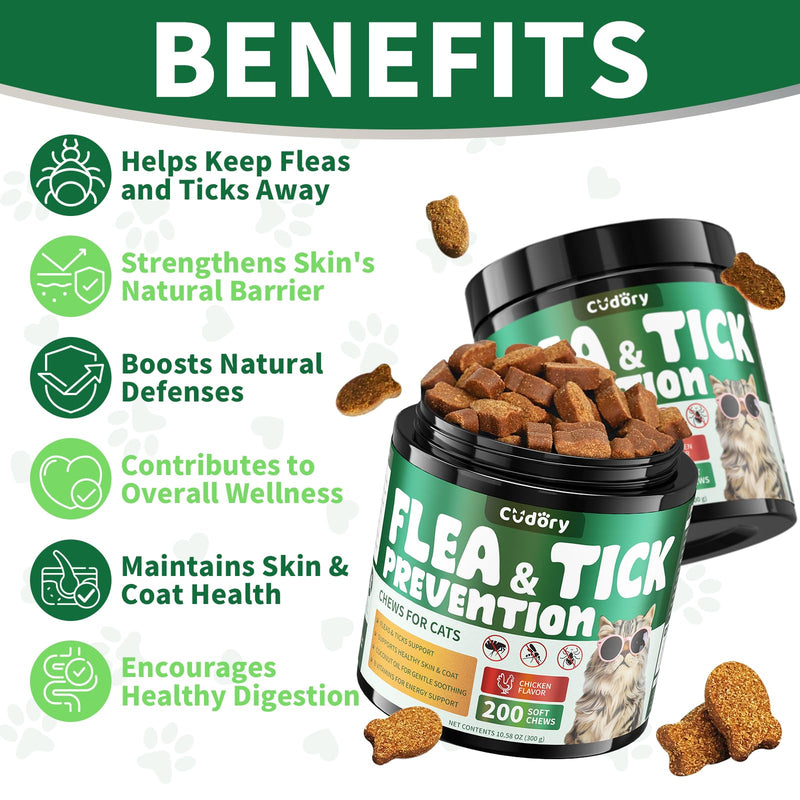 Flea and Tick Chews for Cats - Natural Flea Tick Support for Cat All Breeds & Ages - Nourishes Skin & Coat Health - Energy Support