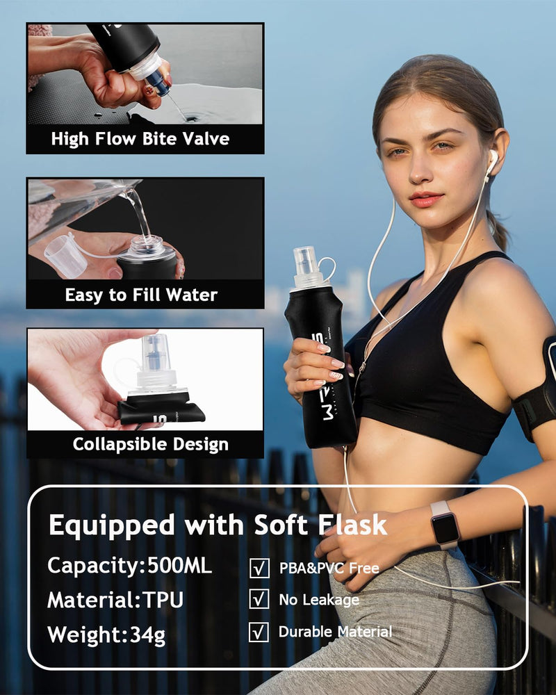 Running Vest with Running Water Bottle,Adjustable Reflective Hydration Vest with Waterproof Phone Holder for Women Men,Lightweight Water Vest for Outdoors black with 500ml soft flask Large/X-Large