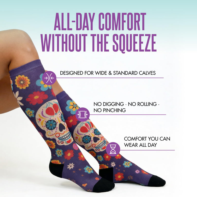 Crazy Compression Over-the-Calf Socks with Fun Designs Small-Medium Calavera Purple (Wide)