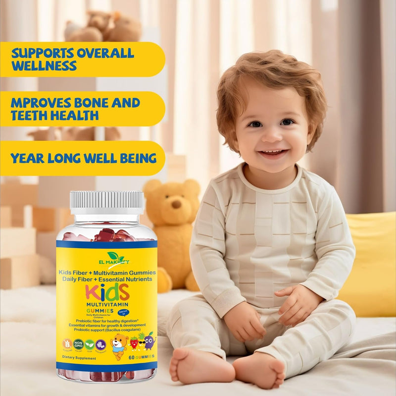 Kids Multivitamin Gummies | Fiber Gummies with Prebiotic & Probiotics for Kids | Daily Vitamins for 2–18 years | Non-GMO, Gluten Free Gummy for Immune Support, 60Ct, Blueberry, Orange, Strawberry