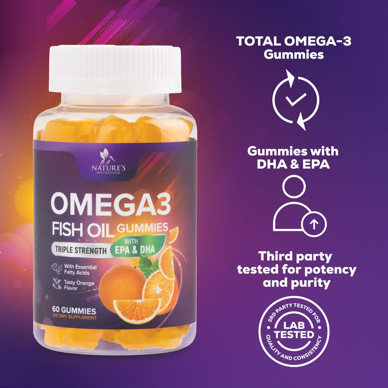 Omega 3 Fish Oil Gummies - 3X Strength Heart Health Support, High Absorption Omega 3 Fish Oil Gummy Supplement with DHA & EPA, Joint & Brain Support for Adults, Delicious Orange Flavor- 60 Gummies 60 Count (Pack of 1)
