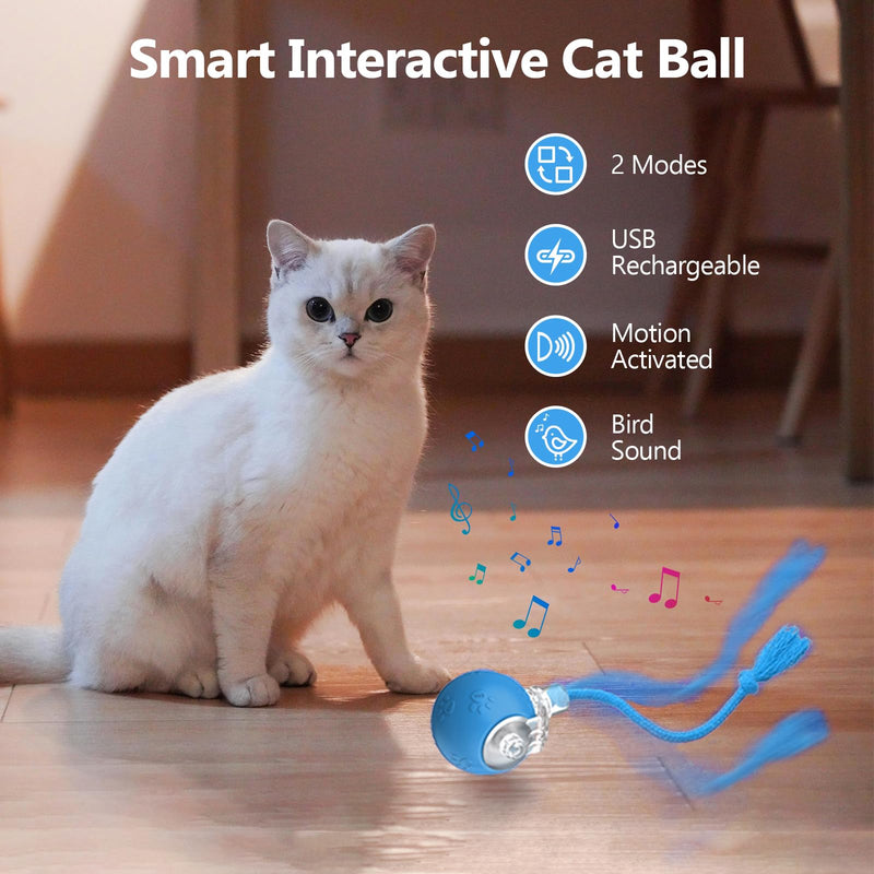 Cat Toys for Indoor Cats, Interactive Cat Toy, USB Rechargeable, Fast Rolling Dog Ball Toy On Rug, Bird Chirping & Motion Activated Cat Ball, Anti-Depression Pet Toy Fun Gift with Light, Blue - BeesActive Australia