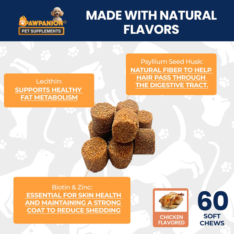Hairball Soft Chews for Cats, Hairball Control & Digestive Support, Psyllium Fiber + Lecithin + Omega Fatty Acids, Skin & Coat Support, 60 Soft Chews Chicken Flavor