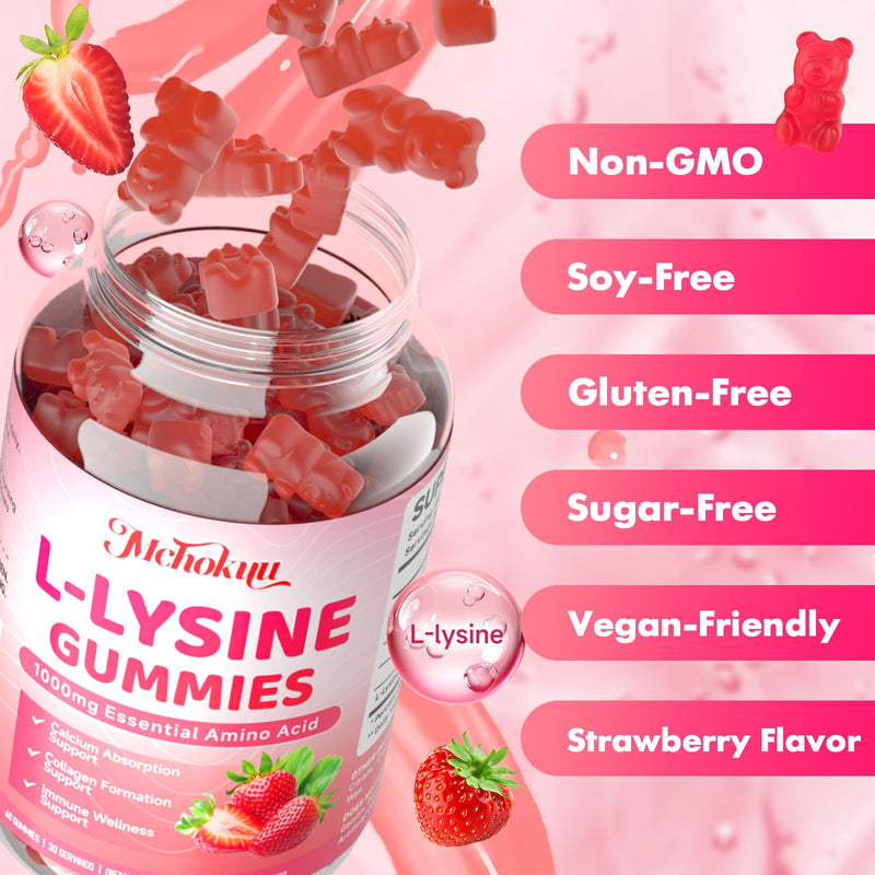 L-Lysine 1000mg Gummies, Chewable Lysine Supplement for Adults & Kids Immune Support, Essential Amino Acid, Vegetarian, Non-GMO, Sugar-Free, Gluten Free, Strawberry Flavor, 120 Counts 60 Count (Pack of 2)