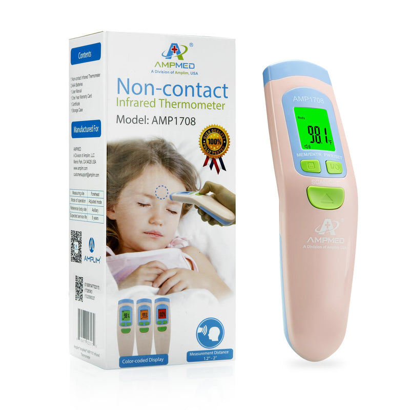 Amplim Non-Contact Forehead Thermometer for Adults, Kids & Infants | Ampmed No-Touch Medical Grade Temporal Fever Thermometer with Case, Nurse Accessories for Work, FDA-Cleared Pink Termometro Digital