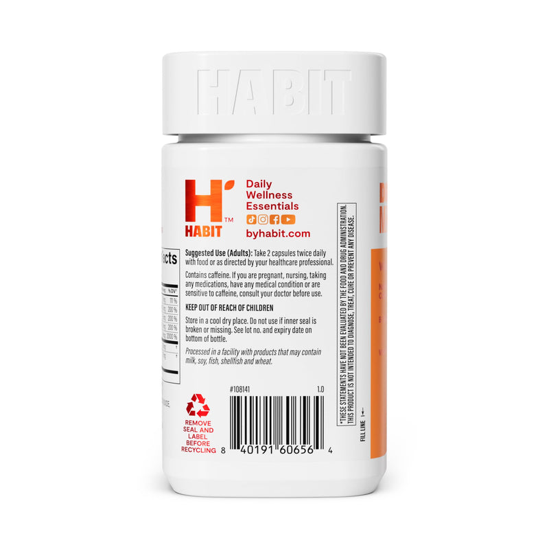 Habit Energy Supplement (60 Capsules) - New Look, Supports Energy, Alertness and Focus, Natural Caffeine, Vitamins B & C, Green Tea Extract, Vegan, Non-GMO (1 Pack) 1 Pack
