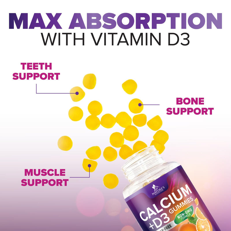 Calcium Supplement Gummies - Sugar Free Calcium Gummy with Vitamin D3 for Best Absorption - Supports Immune Health, Bones & Teeth - Nature's Calcium Chews for Women & Men, Orange Flavor - 120 Gummies 120 Count (Pack of 1)