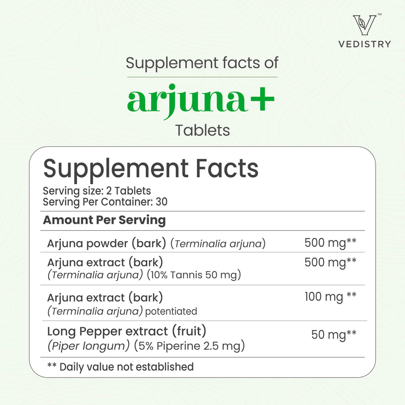 Arjuna+ Bark Extract Supplement | 1100mg Arjuna Tablets with Long Pepper for Heart Health & Blood Pressure Support | Organic Herbal Cardiovascular Supplement | 60 Vegan Tablets