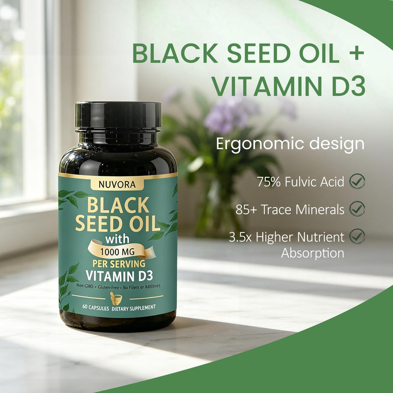 Sabel Black Seed Oil - Within, 5% Thymoquinone | , Vitamin D3 1000 MG, Turmeric and Black Pepper Extract Supporting Health by Restoring Balance From 60 Capsules