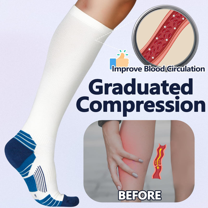 +MD Cotton Compression Socks for Women & Men 4/6 Pairs 15-20mmHg Knee High for Sports, Travel, Nursing Long Sitting Standing 2 Pairs NewWhite Cushion 15-20mmHg 9-11 - BeesActive Australia