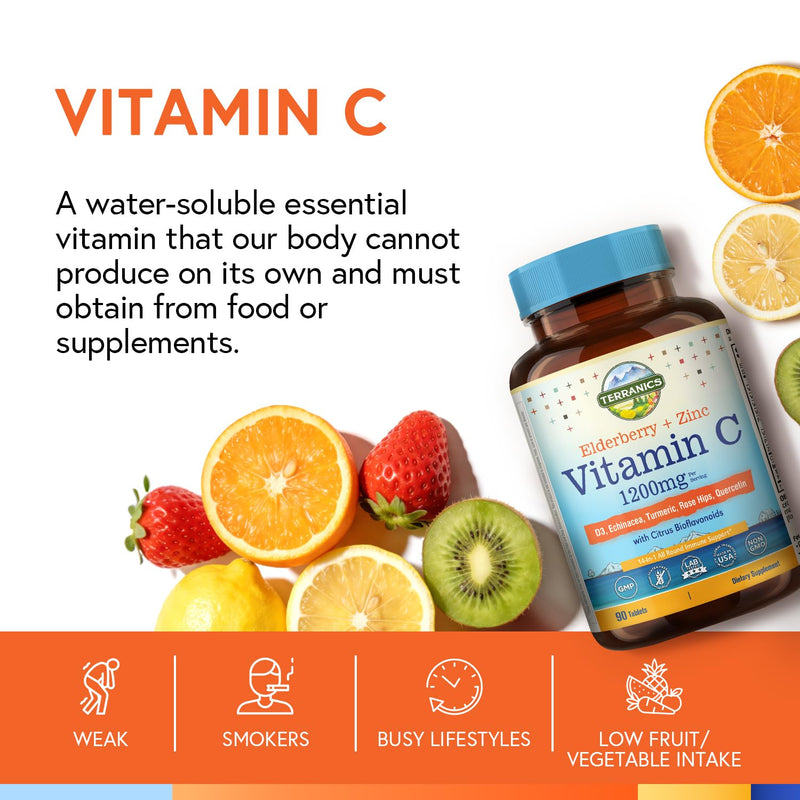 Terranics Vitamin C Elderberry Zinc, with Vitamin D3, A, B6, B12, Folate, Rose Hips, Citrus Bioflavonoids, Turmeric, Echinacea, 14-in-1 Daily Immune Support, 90 Tablets
