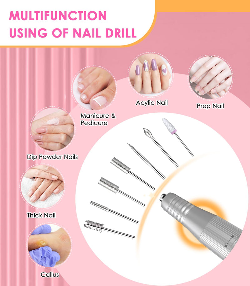 Portable Nail Drill Electric File: 40000RPM Professional Rechargeable Nail E File Machine, Cordless Nail Drill with Bits & Base for Acrylic Nails Remove Nail Gel Polish Manicure for Salon Home, White - BeesActive Australia
