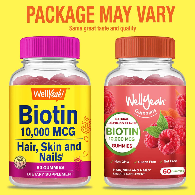 WellYeah High Potency Biotin 10,000 mcg Gummies - for Stronger Hair, Skin & Nails - Vegan-Friendly, Gluten-Free, Non-GMO, and Delicious Berry Flavor - 60 Gummies (Pack of 2) 60 Count (Pack of 2)