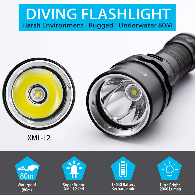Scuba Diving Flashlight Dive Torch 2000 Lumen Waterproof Underwater XM-L2 LED Submarine Lights Holder with Charger for Under Water Deep Sea Cave at Night GN-T41 - BeesActive Australia