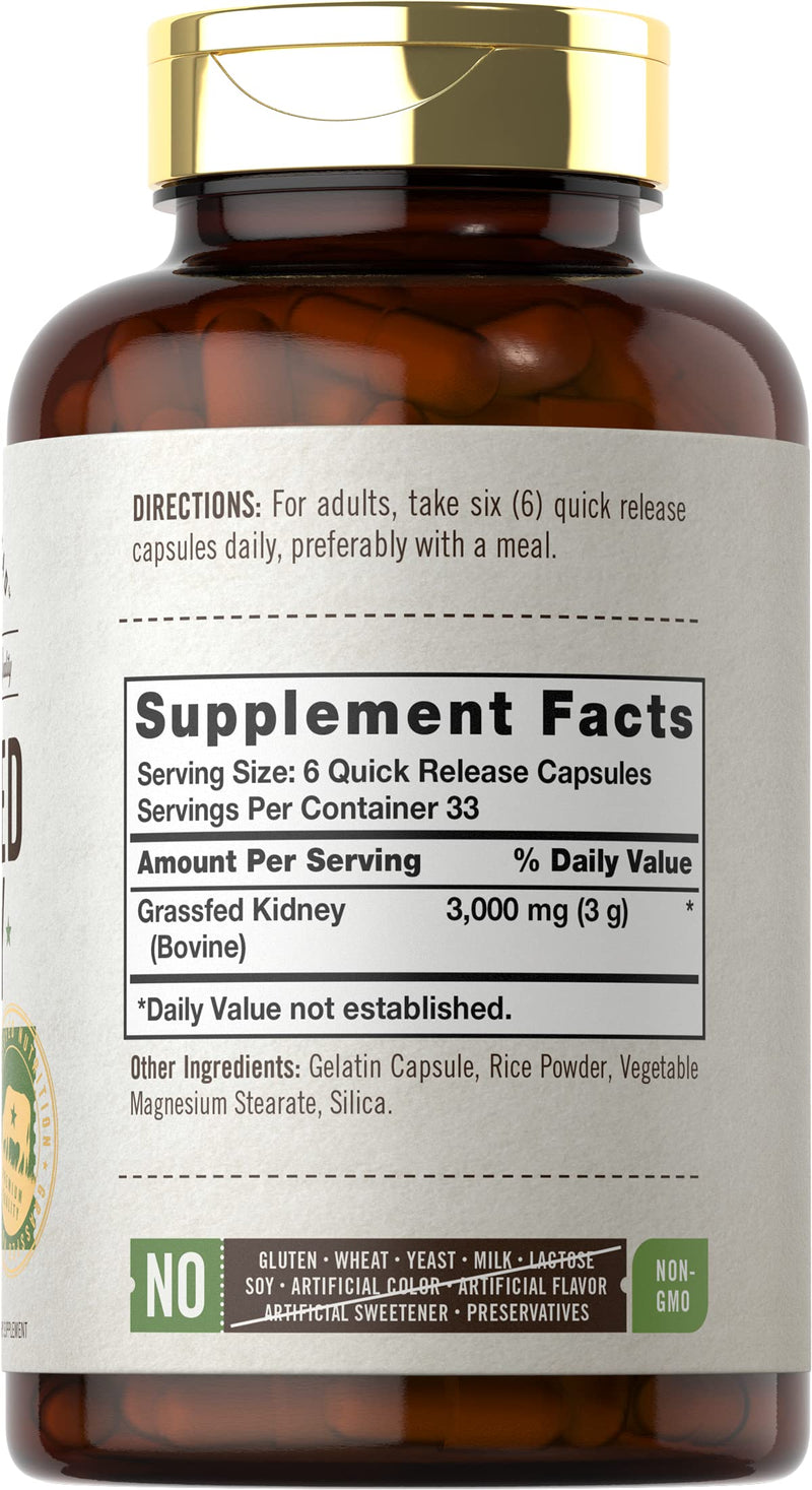 Carlyle Grass Fed Beef Kidney Supplement | 200 Capsules | 3000mg | Pasture Raised Desiccated Bovine Supplement | Hormone and Pesticide Free | Non-GMO, Gluten Free | by Herbage Farmstead 200 Count (Pack of 1)