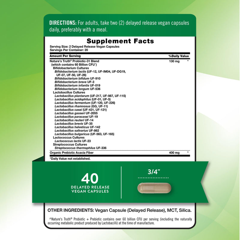 Nature's Truth Probiotic & Prebiotic Pills | 60 Billion CFU | 40 Capsules | Vegan, Non-GMO & Gluten Free Supplement